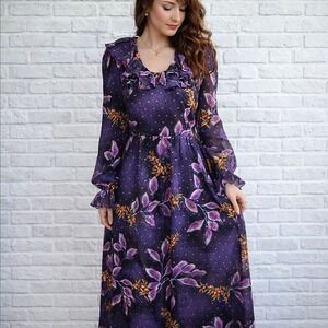 Vintage 70s Vera Mont Paris Purple Floral Prairie Maxi‎ Dress Poet Sleeve S/M